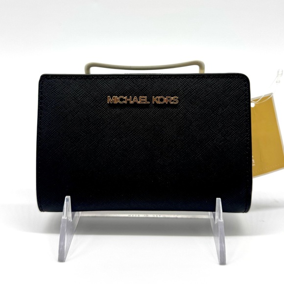 Michael Kors Medium Jet Set Travel Zip Chain Bifold Wallet - Black/Gold - Picture 1 of 9
